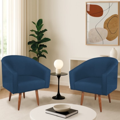 Kit 2 Poltronas Decorativa Jade Design Moderno Sala de Estar Quarto Escritório Confortável Luxo Pés Palito Suede Azul Marinho