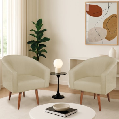 Kit 2 Poltronas Decorativa Jade Design Moderno Sala de Estar Quarto Escritório Confortável Luxo Pés Palito Suede Bege