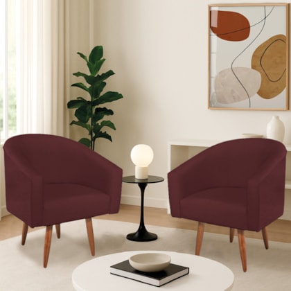 Kit 2 Poltronas Decorativa Jade Design Moderno Sala de Estar Quarto Escritório Confortável Luxo Pés Palito Suede Bordô