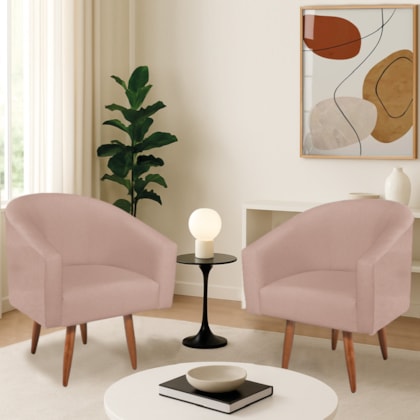 Kit 2 Poltronas Decorativa Jade Design Moderno Sala de Estar Quarto Escritório Confortável Luxo Pés Palito Suede Rosê