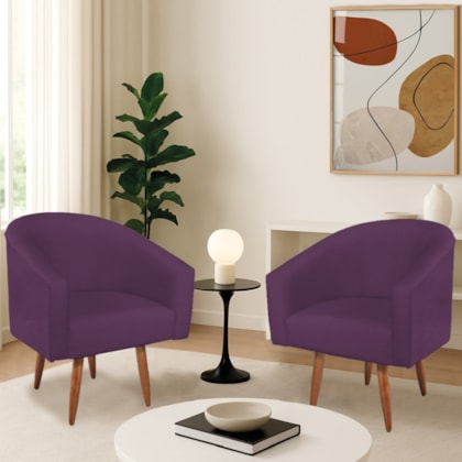Kit 2 Poltronas Decorativa Jade Design Moderno Sala de Estar Quarto Escritório Confortável Luxo Pés Palito Suede Roxo