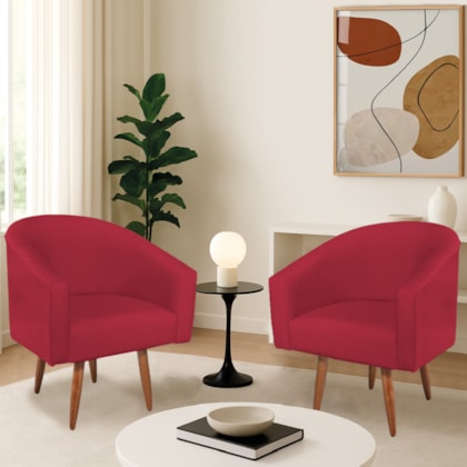 Kit 2 Poltronas Decorativa Jade Design Moderno Sala de Estar Quarto Escritório Confortável Luxo Pés Palito Suede Vermelho