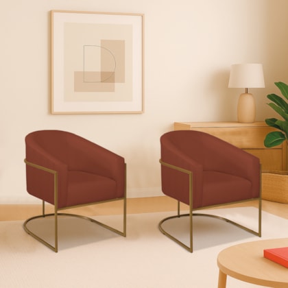 Kit 2 Poltronas Decorativa Jade Moderno Escritório Confortável Luxo Base de ferro Dourado Bouclé Terracota
