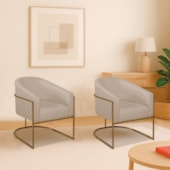 Kit 2 Poltronas Decorativa Jade Moderno Escritório Confortável Luxo Base de ferro Dourado Linho Bege