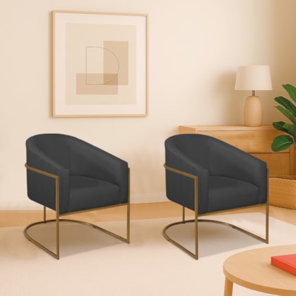 Kit 2 Poltronas Decorativa Jade Moderno Escritório Confortável Luxo Base de ferro Dourado Linho Cinza Escuro