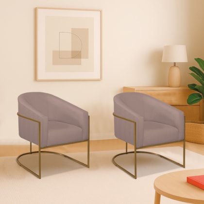 Kit 2 Poltronas Decorativa Jade Moderno Escritório Confortável Luxo Base de ferro Dourado Linho Rosê