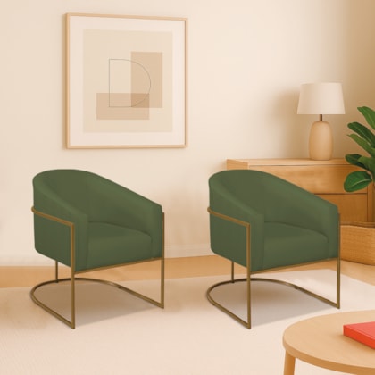 Kit 2 Poltronas Decorativa Jade Moderno Escritório Confortável Luxo Base de ferro Dourado Linho Verde
