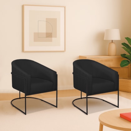 Kit 2 Poltronas Decorativa Jade Moderno Escritório Confortável Luxo Base de ferro Preto Bouclé Preto