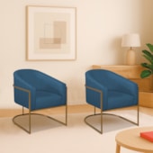 Kit 2 Poltronas Decorativa Jade Moderno Escritório Confortável Luxo Base de ferro Preto Linho Azul Royal