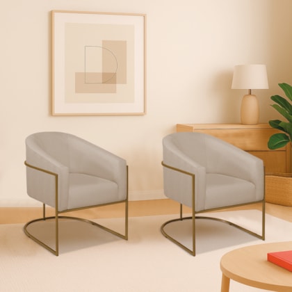 Kit 2 Poltronas Decorativa Jade Moderno Escritório Confortável Luxo Base de ferro Preto Linho Bege