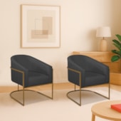 Kit 2 Poltronas Decorativa Jade Moderno Escritório Confortável Luxo Base de ferro Preto Linho Cinza Escuro