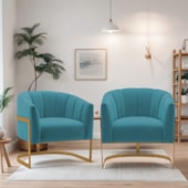Kit 2 Poltronas Decorativas Sala de Estar Recepção Mavie Base de Ferro Dourado Suede Azul Turquesa - Amarena Móveis
