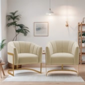 Kit 2 Poltronas Decorativas Sala de Estar Recepção Mavie Base de Ferro Dourado Suede Bege - Amarena Móveis