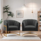 Kit 2 Poltronas Decorativas Sala de Estar Recepção Mavie Base de Ferro Dourado Suede Cinza Escuro - Amarena Móveis