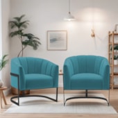 Kit 2 Poltronas Decorativas Sala de Estar Recepção Mavie Base de Ferro Preto Suede Azul Turquesa - Amarena Móveis