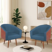 Kit 2 Poltronas Jade Decorativa Moderna Sala de Estar Quarto Escritório Conforto Corano Nozes e Linho Pés Palito Azul Royal