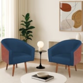Kit 2 Poltronas Jade Decorativa Moderna Sala de Estar Quarto Escritório Conforto Pés Palito Corano Nozes e Suede Azul Marinho
