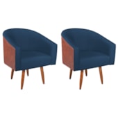 Kit 2 Poltronas Jade Decorativa Moderna Sala de Estar Quarto Escritório Conforto Pés Palito Corano Nozes e Suede Azul Marinho