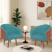 Kit 2 Poltronas Jade Decorativa Moderna Sala de Estar Quarto Escritório Conforto Pés Palito Corano Nozes e Suede Azul Turquesa