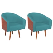 Kit 2 Poltronas Jade Decorativa Moderna Sala de Estar Quarto Escritório Conforto Pés Palito Corano Nozes e Suede Azul Turquesa