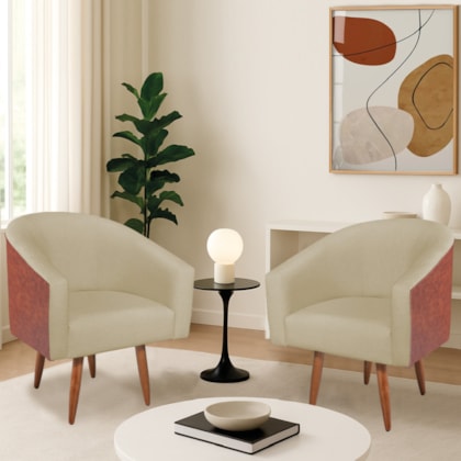 Kit 2 Poltronas Jade Decorativa Moderna Sala de Estar Quarto Escritório Conforto Pés Palito Corano Nozes e Suede Bege