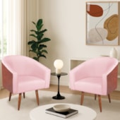 Kit 2 Poltronas Jade Decorativa Moderna Sala de Estar Quarto Escritório Conforto Pés Palito Corano Nozes e Suede Rosa Bebê