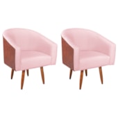 Kit 2 Poltronas Jade Decorativa Moderna Sala de Estar Quarto Escritório Conforto Pés Palito Corano Nozes e Suede Rosa Bebê