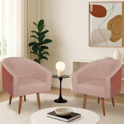 Kit 2 Poltronas Jade Decorativa Moderna Sala de Estar Quarto Escritório Conforto Pés Palito Corano Nozes e Suede Rosê