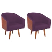 Kit 2 Poltronas Jade Decorativa Moderna Sala de Estar Quarto Escritório Conforto Pés Palito Corano Nozes e Suede Roxo