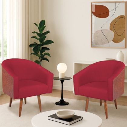 Kit 2 Poltronas Jade Decorativa Moderna Sala de Estar Quarto Escritório Conforto Pés Palito Corano Nozes e Suede Vermelho
