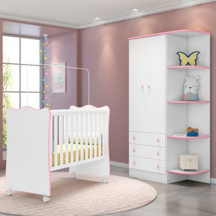 Kit Berço e Guarda Roupa Infantil 2 Portas e 3 Gavetas com Cantoneira Brilhar Q01 Branco/Rosa - Amarena Móveis