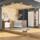 Kit Berço Mini Cama Taís, Guarda Roupa Infantil 2 Portas 2 Gavetas com Nicho e Cômoda Infantil 3 Gavetas com Nicho Q01 Carvalho Rústico/Branco