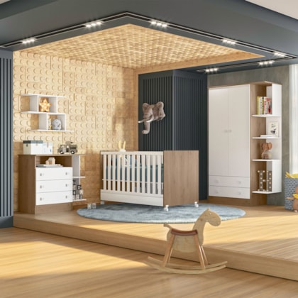Kit Berço Mini Cama Taís, Guarda Roupa Infantil 2 Portas 2 Gavetas com Nicho e Cômoda Infantil 3 Gavetas com Nicho Q01 Carvalho Rústico/Branco