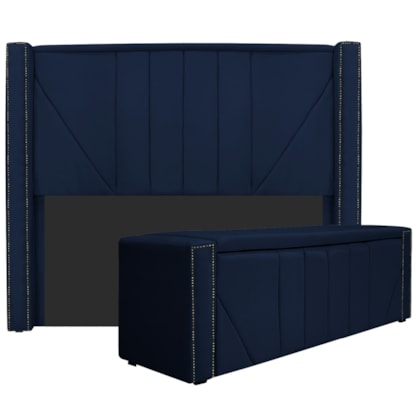 Kit Cabeceira e Calçadeira Baú Casal Minsk P02 140 cm para cama Box Suede Azul Marinho - Amarena Móveis