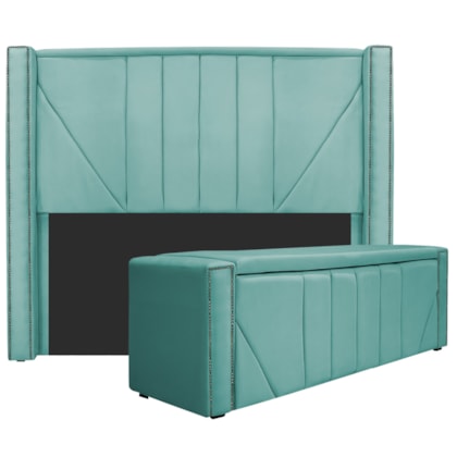 Kit Cabeceira e Calçadeira Baú Casal Minsk P02 140 cm para cama Box Suede Azul Tiffany - Amarena Móveis