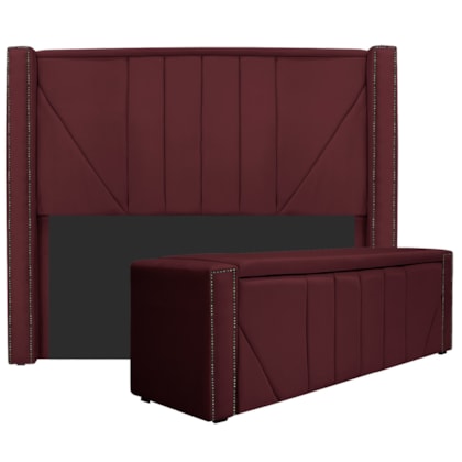 Kit Cabeceira e Calçadeira Baú Casal Minsk P02 140 cm para cama Box Suede Bordô - Amarena Móveis