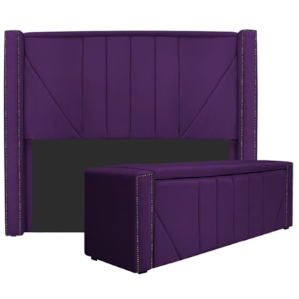 Kit Cabeceira e Calçadeira Baú Casal Minsk P02 140 cm para cama Box Suede Roxo - Amarena Móveis