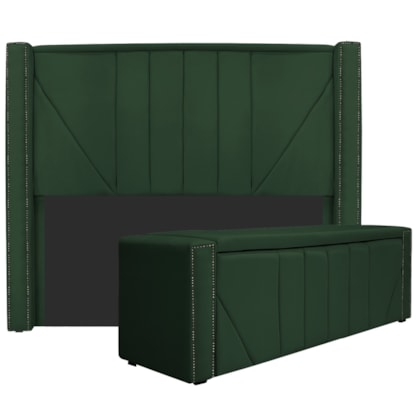 Kit Cabeceira e Calçadeira Baú Casal Minsk P02 140 cm para cama Box Suede Verde - Amarena Móveis