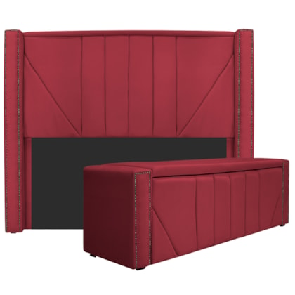 Kit Cabeceira e Calçadeira Baú Casal Minsk P02 140 cm para cama Box Suede Vermelho - Amarena Móveis