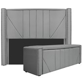Kit Cabeceira e Calçadeira Baú Solteiro Minsk P02 90 cm para cama Box Corano Cinza - Amarena Móveis