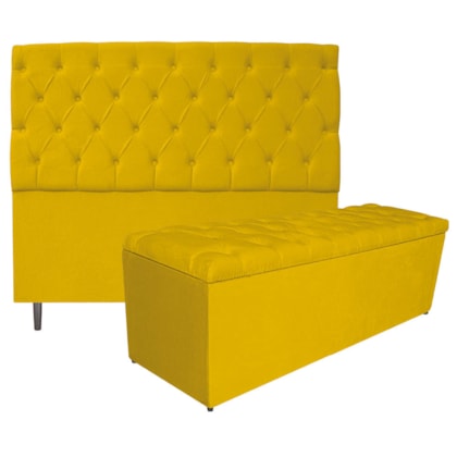 Kit Cabeceira e Calçadeira Liverpool 160 cm Queen Size Suede Amarelo - Amarena Móveis