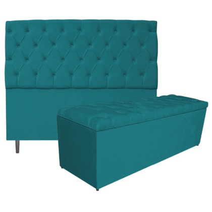 Kit Cabeceira e Calçadeira Liverpool 195 cm King Size Suede Azul Turquesa - Amarena Móveis
