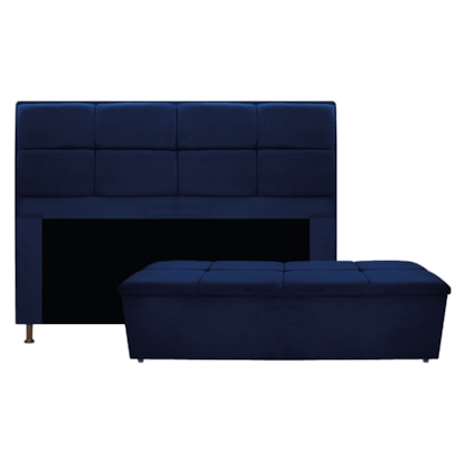 Kit Cabeceira e Calçadeira Munique 140 cm Casal Suede Azul Marinho AM Decor