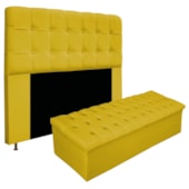 Kit Cabeceira Estofada Mel Cama Box Casal 140 cm mais Calçadeira Baú Mel com Capitonê Suede Amarelo para Quarto - AM Decor