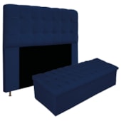 Kit Cabeceira Estofada Mel Cama Box Casal 140 cm mais Calçadeira Baú Mel com Capitonê Suede Azul Marinho para Quarto - AM Decor