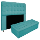 Kit Cabeceira Estofada Mel Cama Box Casal 140 cm mais Calçadeira Baú Mel com Capitonê Suede Azul Turquesa para Quarto - AM Decor