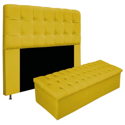 Kit Cabeceira Estofada Mel Cama Box King 195 cm mais Calçadeira Baú Mel com Capitonê Suede Amarelo para Quarto - AM Decor