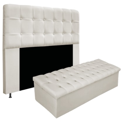 Kit Cabeceira Estofada Mel Cama Box King 195 cm mais Calçadeira Baú Mel com Capitonê Suede Bege para Quarto - AM Decor