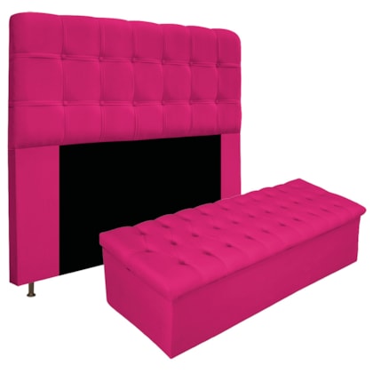 Kit Cabeceira Estofada Mel Cama Box King 195 cm mais Calçadeira Baú Mel com Capitonê Suede Pink para Quarto - AM Decor