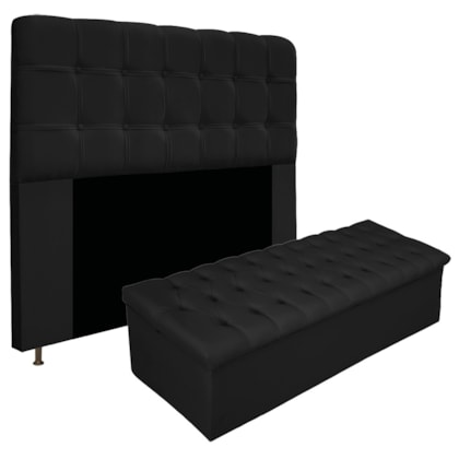 Kit Cabeceira Estofada Mel Cama Box King 195 cm mais Calçadeira Baú Mel com Capitonê Suede Preto para Quarto - AM Decor